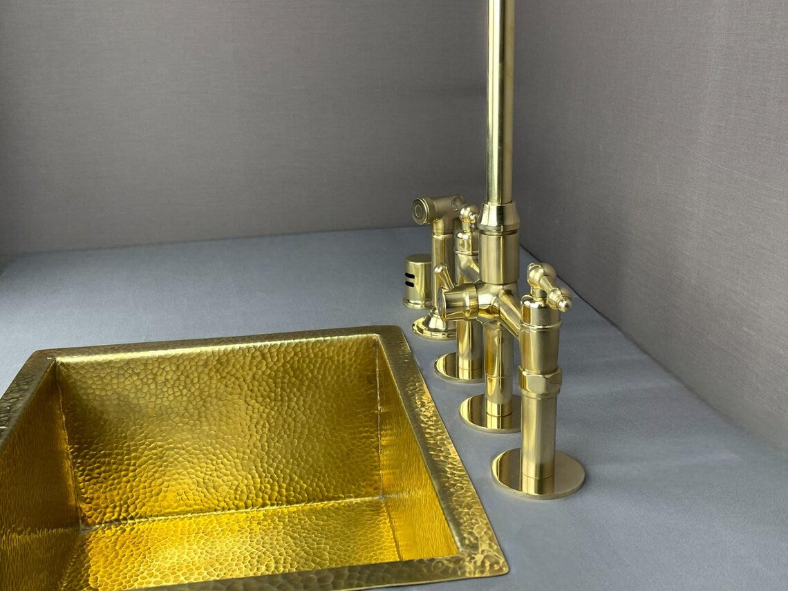 Luxury unlacquered brass 3-hole bridge kitchen faucet with side sprayer and air gap – 8" spread solid brass vintage kitchen faucet