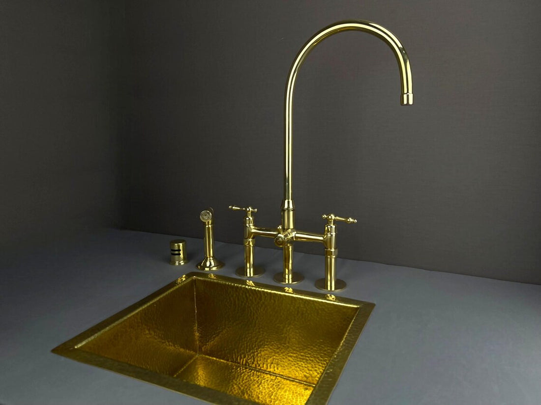 Luxury unlacquered brass 3-hole bridge kitchen faucet with side sprayer and air gap – 8" spread solid brass vintage kitchen faucet