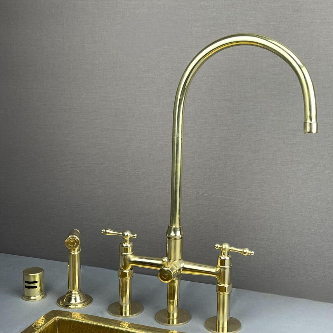 Luxury unlacquered brass 3-hole bridge kitchen faucet with side sprayer and air gap – 8" spread solid brass vintage kitchen faucet