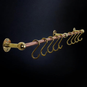 Solid copper kitchen pot rack - wall mount brass rod rail with hooks in multiple sizes - kitchen rail with hooks - brass rod rail