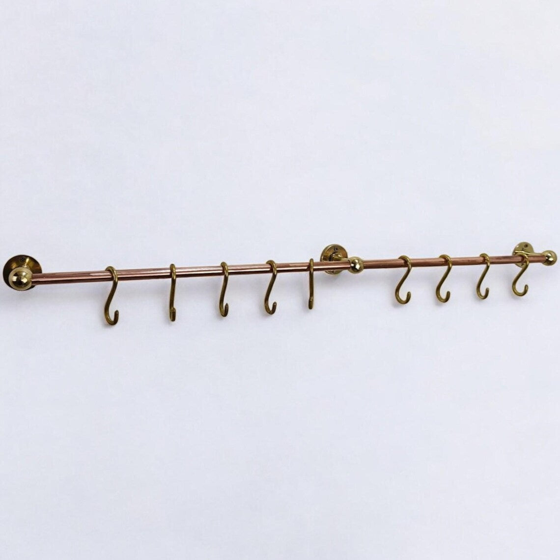 Solid copper kitchen pot rack - wall mount brass rod rail with hooks in multiple sizes - kitchen rail with hooks - brass rod rail