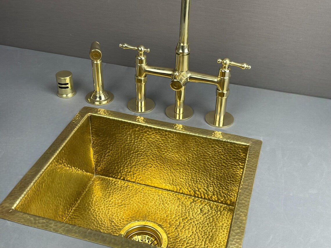 Luxury unlacquered brass 3-hole bridge kitchen faucet with side sprayer and air gap – 8" spread solid brass vintage kitchen faucet