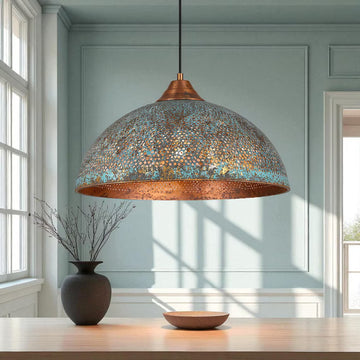 Handmade Blue Patina Copper Dome Pendant Light: Rustic Vintage Hanging Lamp