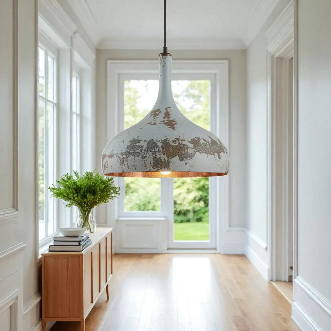 Rustic White Patina Pendant Light: Vintage Farmhouse Aged Copper Detail