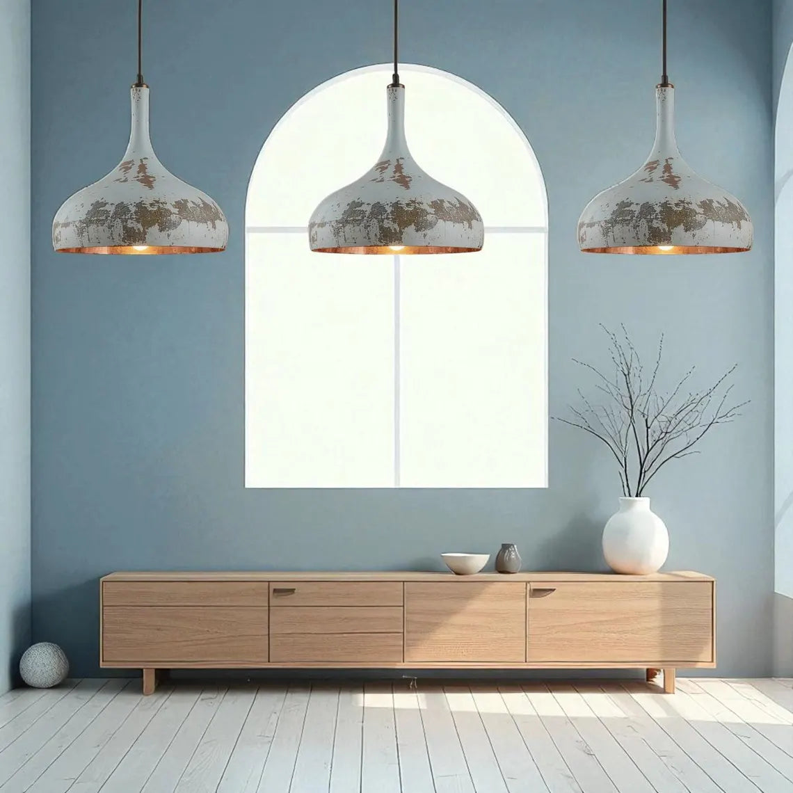 Rustic White Patina Pendant Light: Vintage Farmhouse Aged Copper Detail