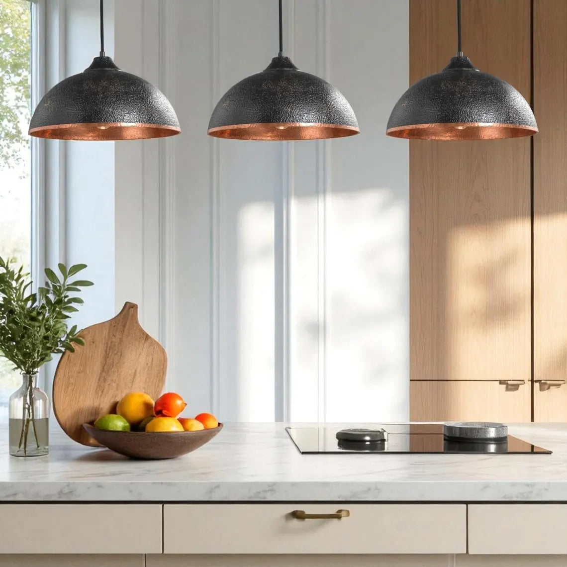 Hammered Copper Dome Pendant Light - Black Industrial Ceiling Lamp