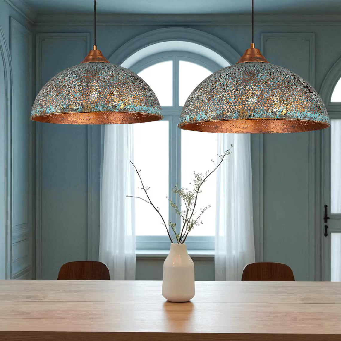 Handmade Blue Patina Copper Dome Pendant Light: Rustic Vintage Hanging Lamp