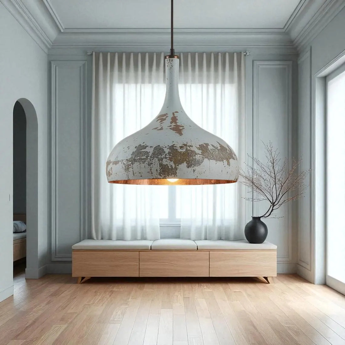 Rustic White Patina Pendant Light: Vintage Farmhouse Aged Copper Detail