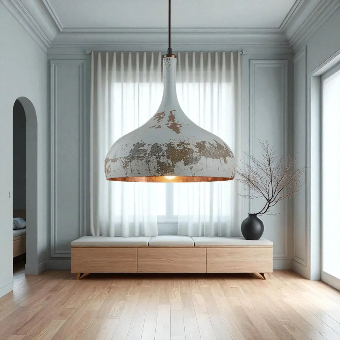 Rustic White Patina Pendant Light: Vintage Farmhouse Aged Copper Detail