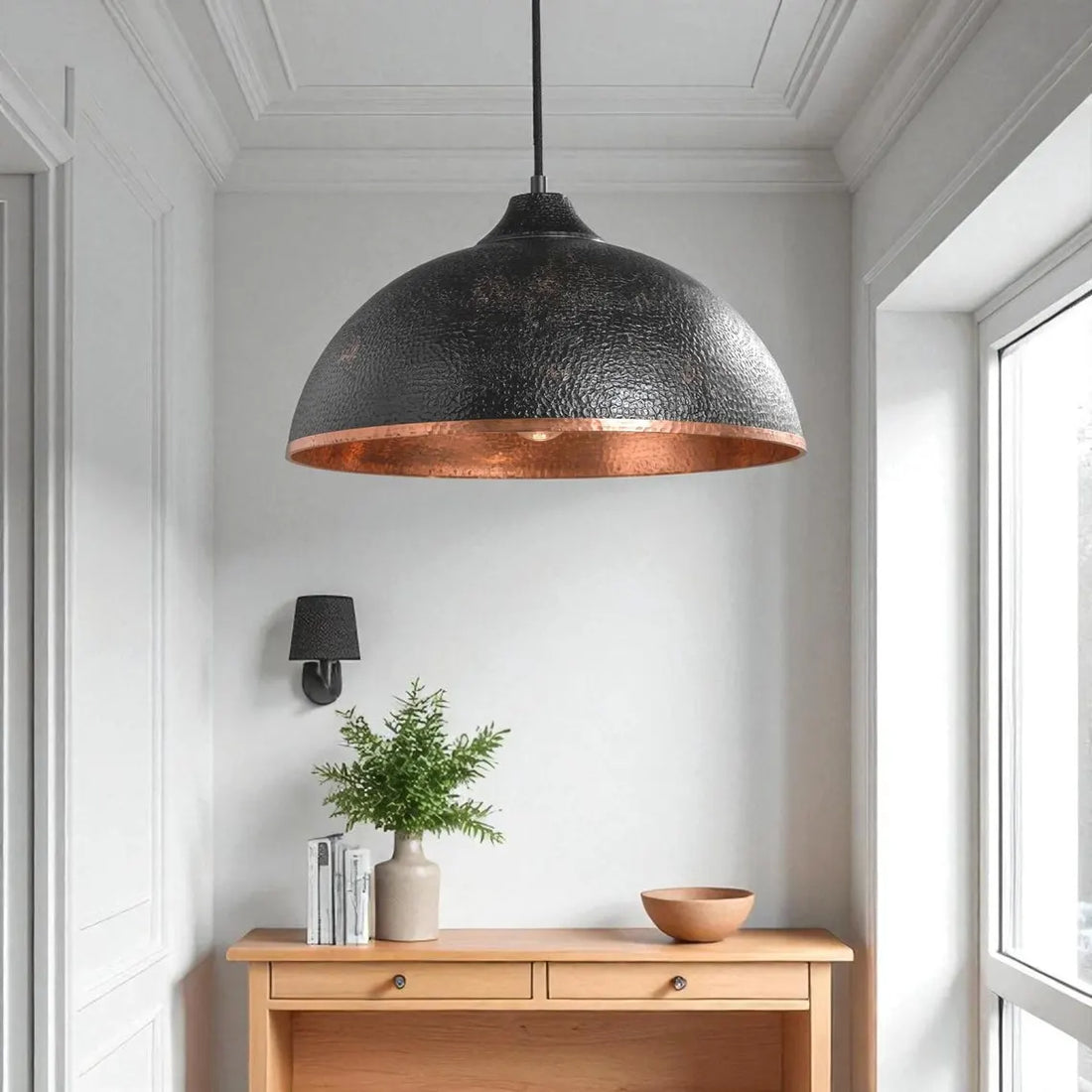 Hammered Copper Dome Pendant Light - Black Industrial Ceiling Lamp