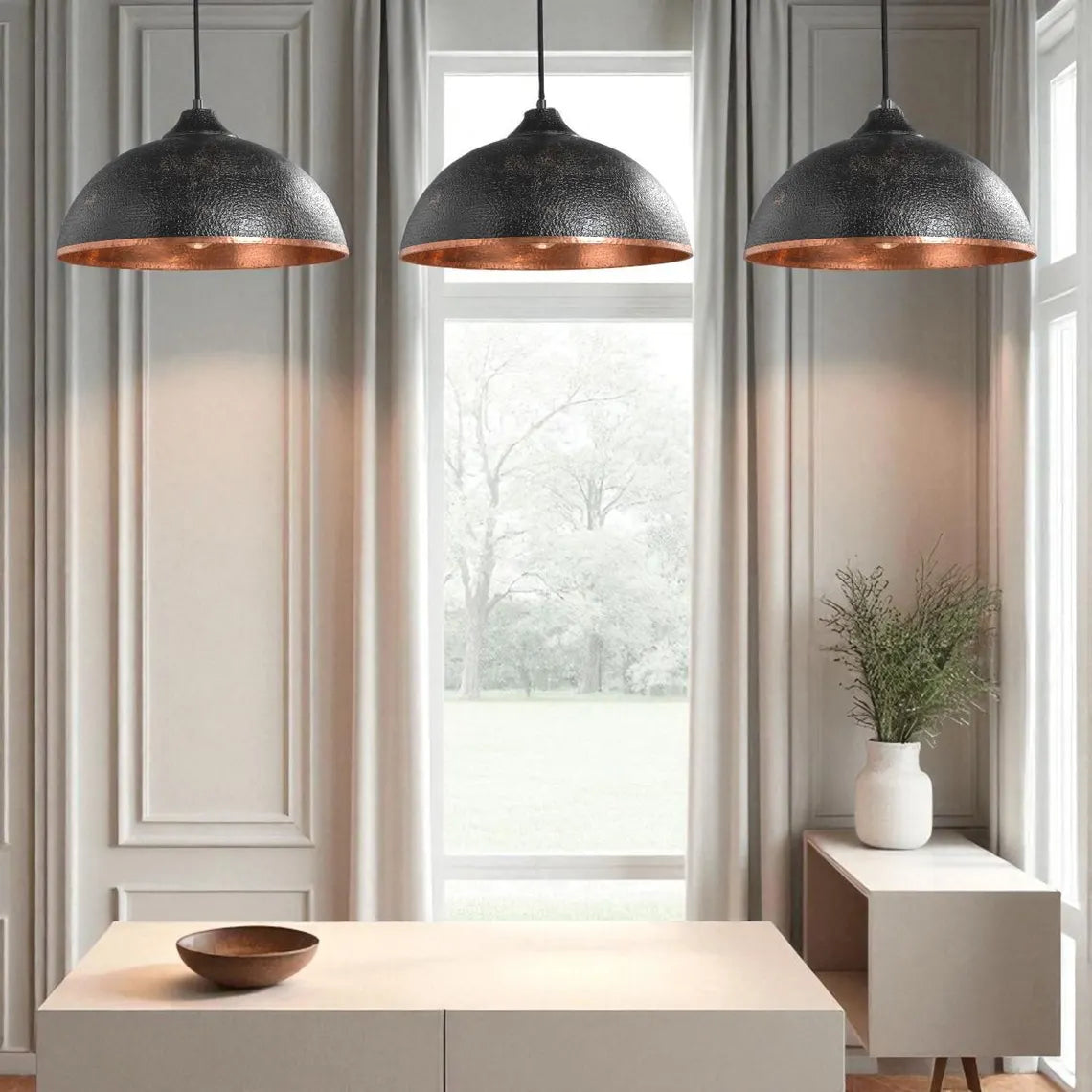 Hammered Copper Dome Pendant Light - Black Industrial Ceiling Lamp
