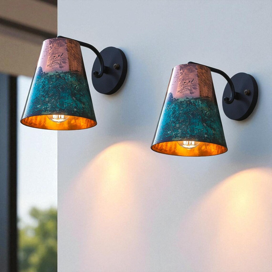 Patina copper wall sconce light – flared conical copper shade – artisan indoor outdoor rustic modern wall lamp fixture