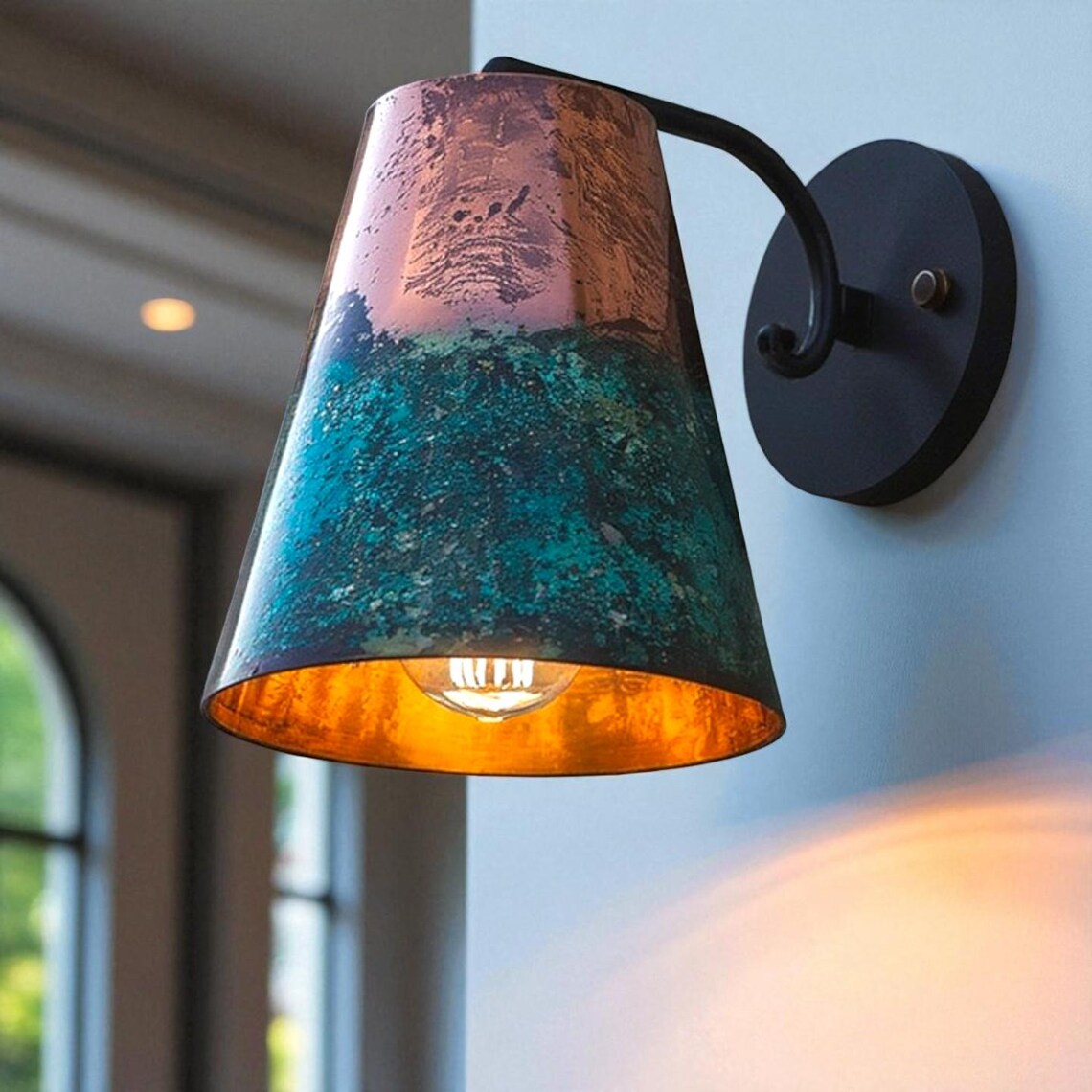 Patina copper wall sconce light – flared conical copper shade – artisan indoor outdoor rustic modern wall lamp fixture