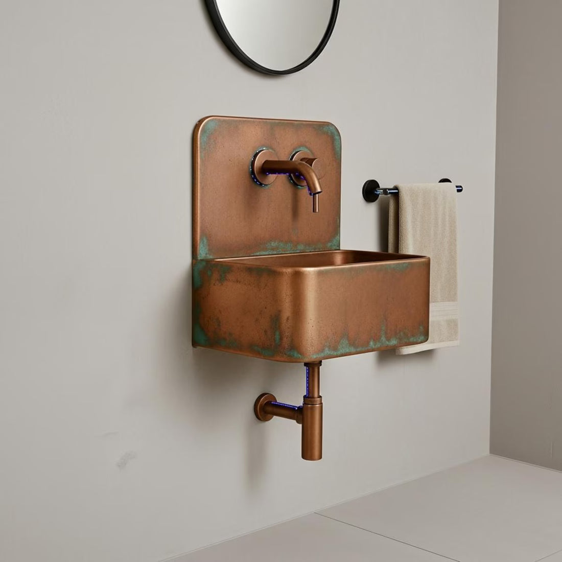 Rustic Patina Copper Bathroom Sink Wall Mounted, Industrial Vanity Basin with Faucet and P-Trap for Modern Farmhouse Decor