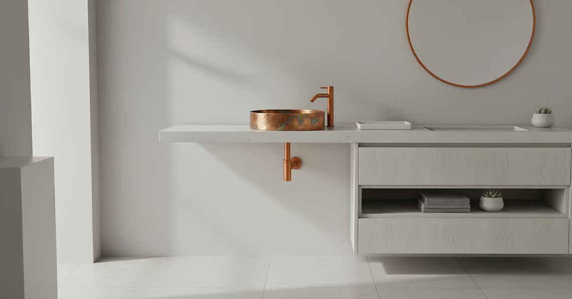 Patina Hammered Copper Vessel Sink with Faucet - Handcrafted Bathroom Vanity Basin - Rustic Farmhouse Washbasin - Luxury Copper Sink