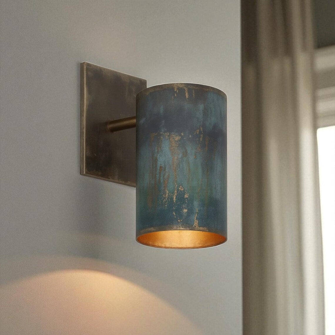 Handmade rustic patina copper wall sconce – industrial minimalist cylinder light for indoor outdoor architectural wall lighting