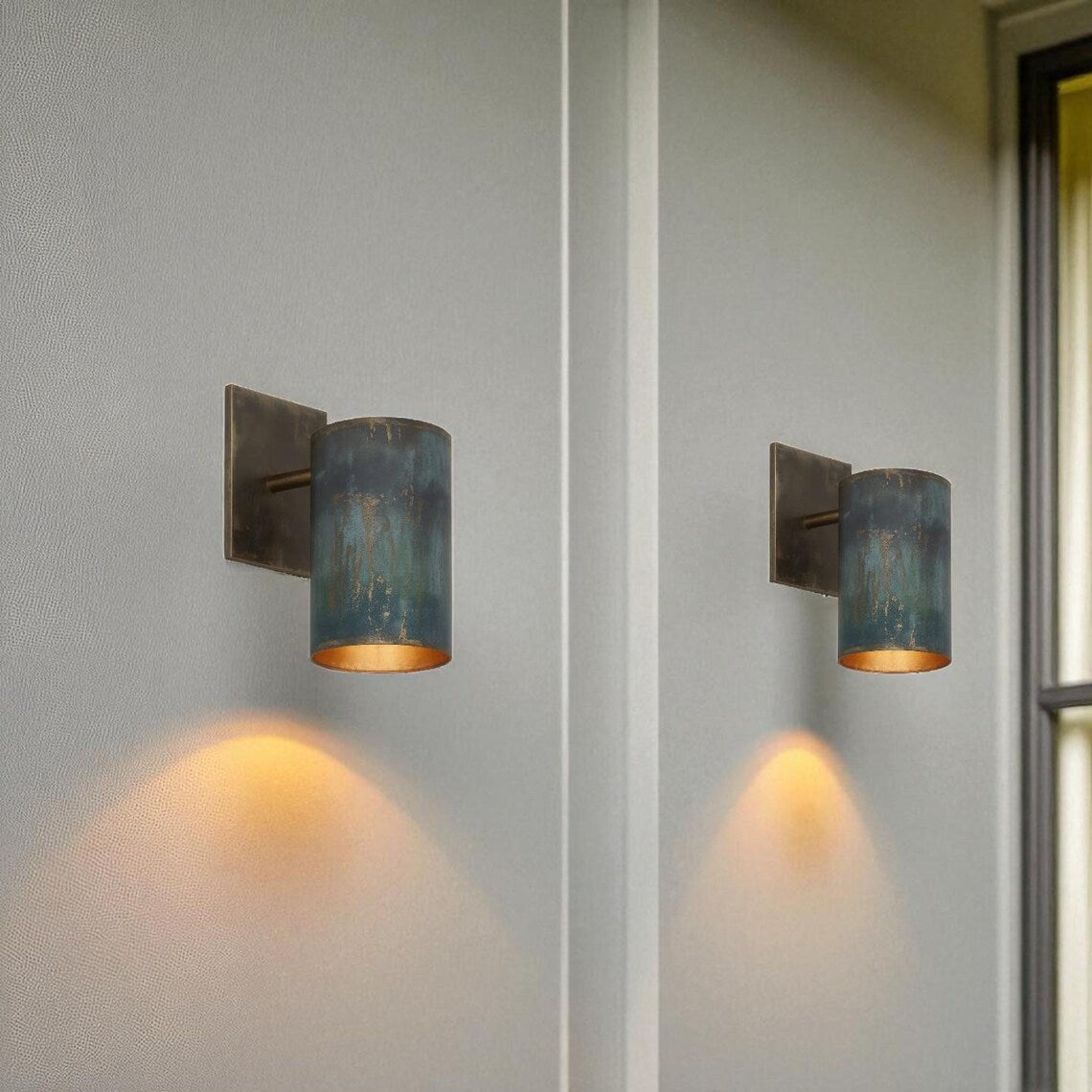Handmade rustic patina copper wall sconce – industrial minimalist cylinder light for indoor outdoor architectural wall lighting