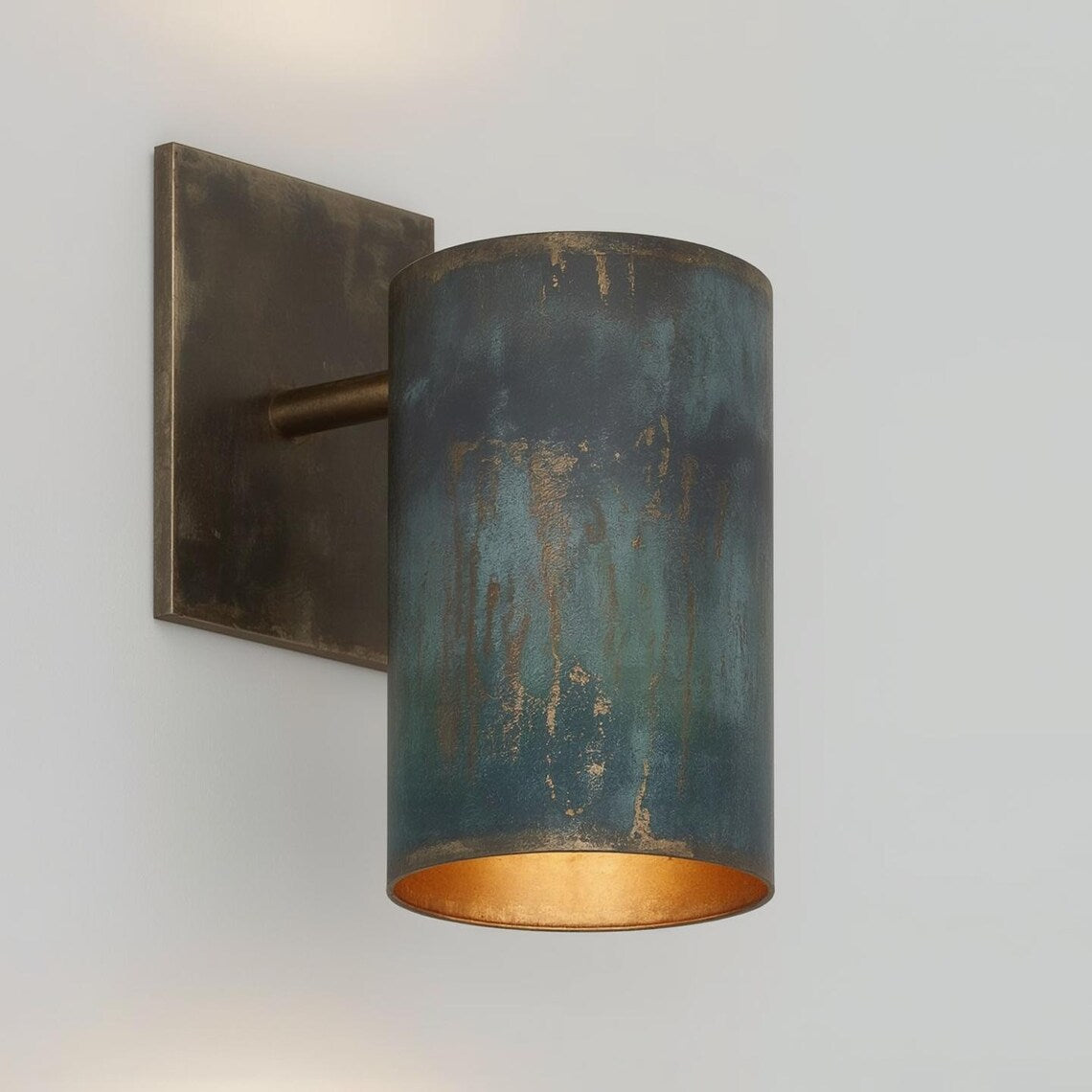 Handmade rustic patina copper wall sconce – industrial minimalist cylinder light for indoor outdoor architectural wall lighting
