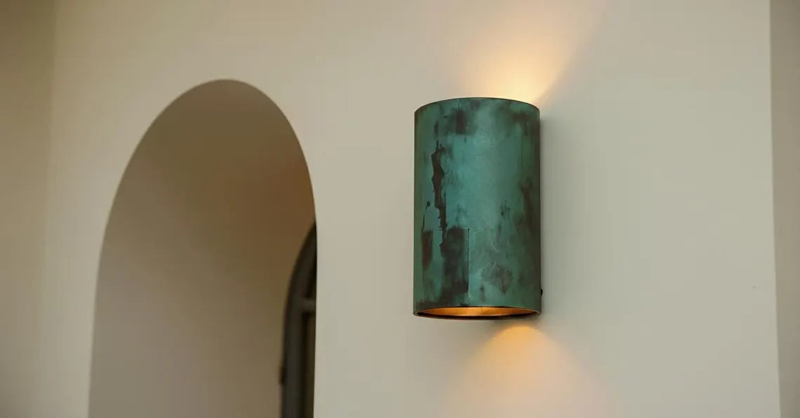 Oxidized copper outdoor wall sconce with green patina - modern scandinavian porch light - Farmhouse exterior light fixture
