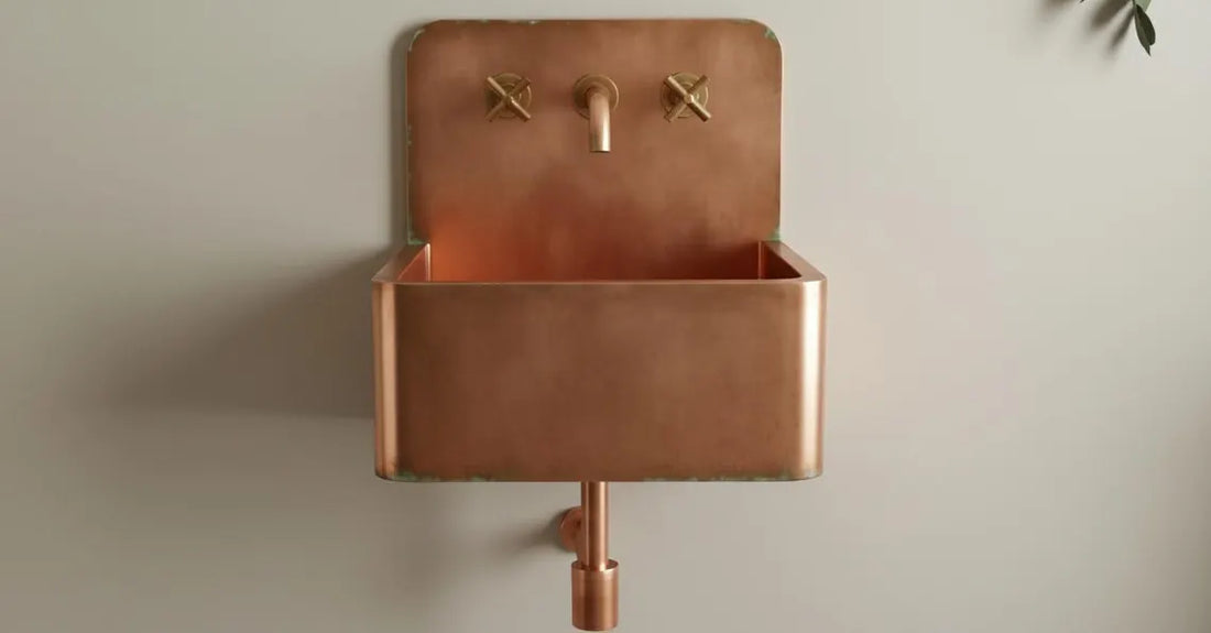 Handmade Copper Wall Mount Sink with Green Patina Edges - Industrial Bathroom Basin with Faucet - Rustic Modern Farmhouse Vanity