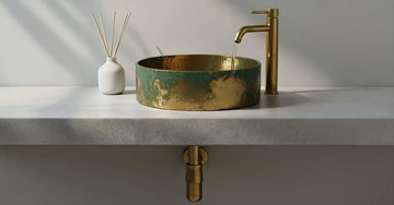 Green Patina Brass Vessel Sink with Faucet - Handcrafted Hammered Bathroom Basin - Luxury Vintage Brass Washbasin - Rustic Modern Vanity