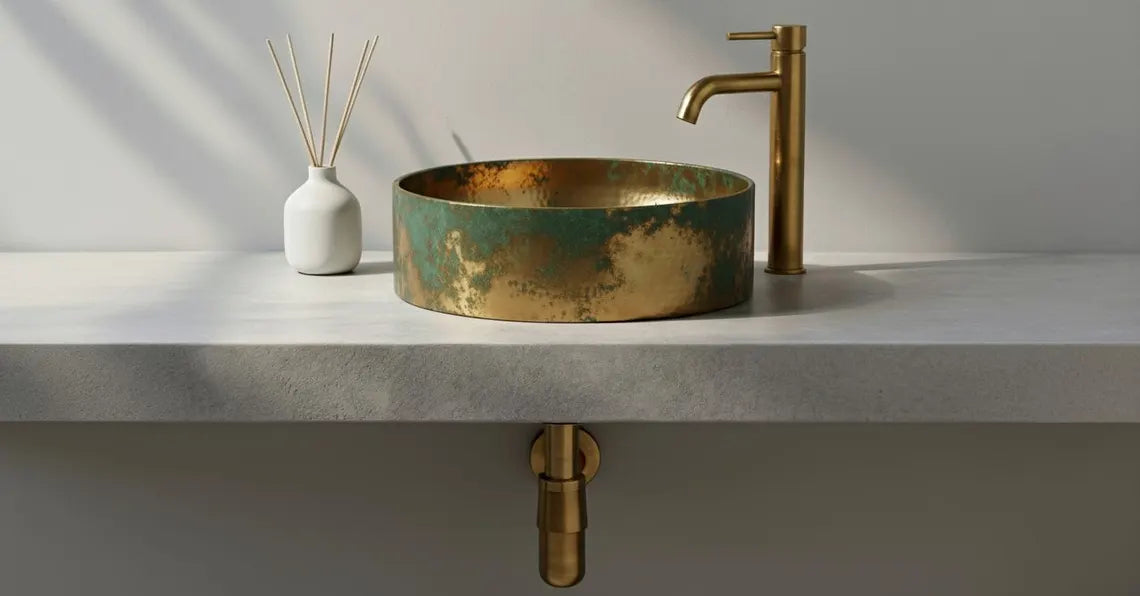 Green Patina Brass Vessel Sink with Faucet - Handcrafted Hammered Bathroom Basin - Luxury Vintage Brass Washbasin - Rustic Modern Vanity