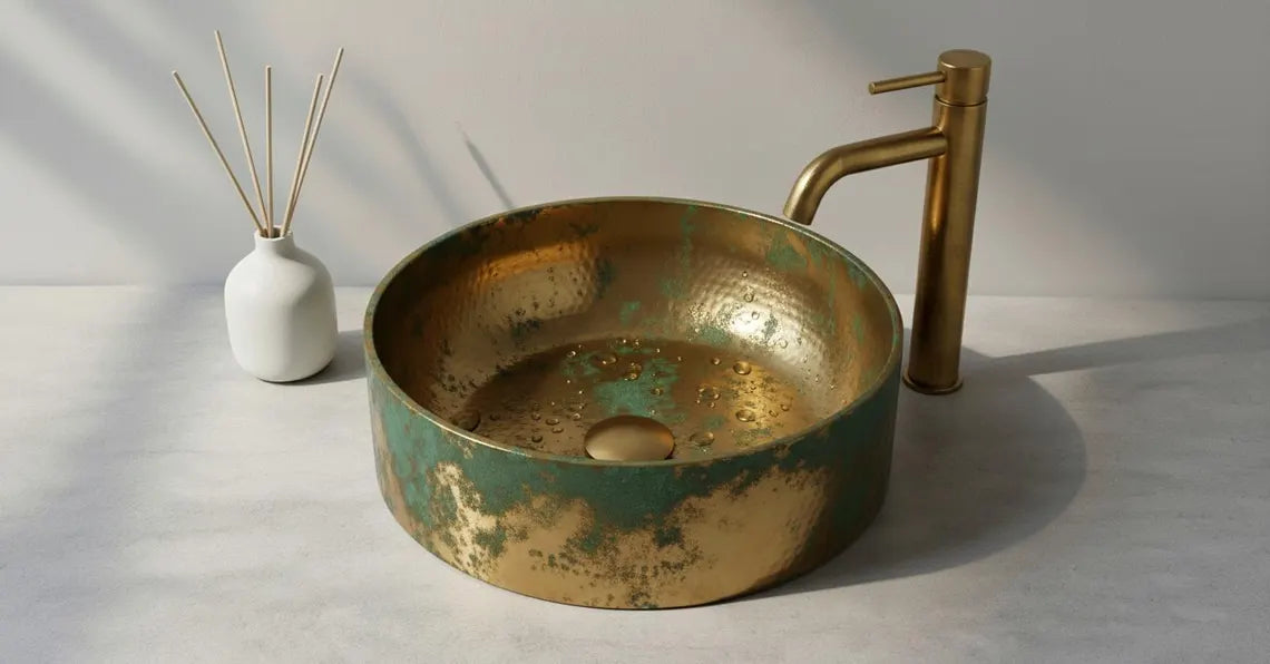 Green Patina Brass Vessel Sink with Faucet - Handcrafted Hammered Bathroom Basin - Luxury Vintage Brass Washbasin - Rustic Modern Vanity