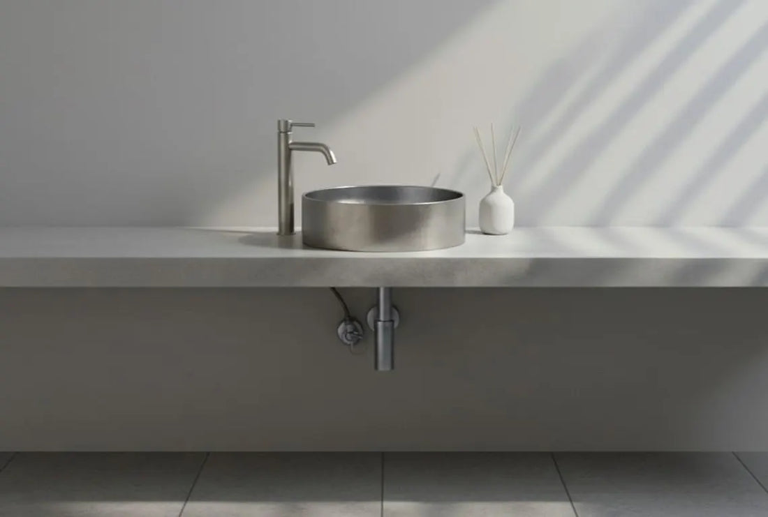 Hammered Stainless Steel Vessel Sink with Faucet - Handcrafted Round Bathroom Basin - Modern Washbasin - Contemporary Metal Vanity Sink