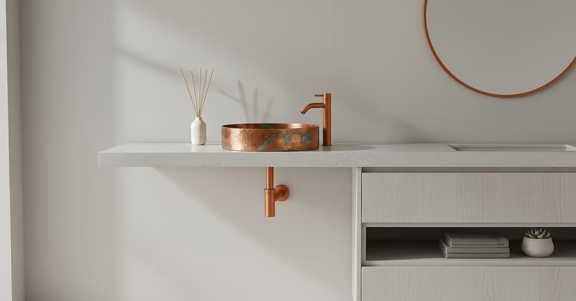 Patina Hammered Copper Vessel Sink with Faucet - Handcrafted Bathroom Vanity Basin - Rustic Farmhouse Washbasin - Luxury Copper Sink