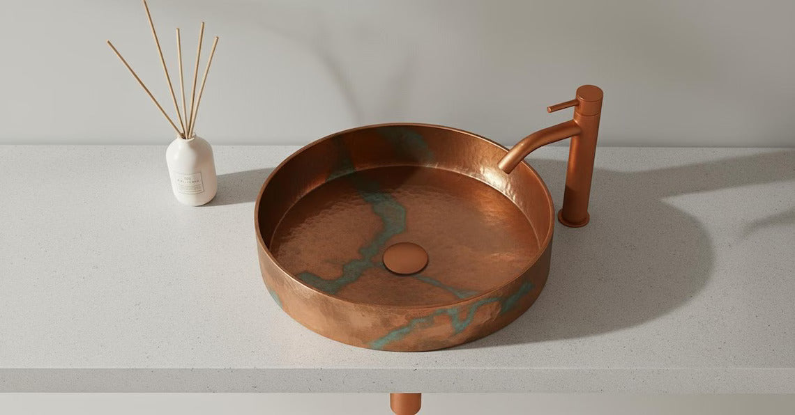 Patina Hammered Copper Vessel Sink with Faucet - Handcrafted Bathroom Vanity Basin - Rustic Farmhouse Washbasin - Luxury Copper Sink