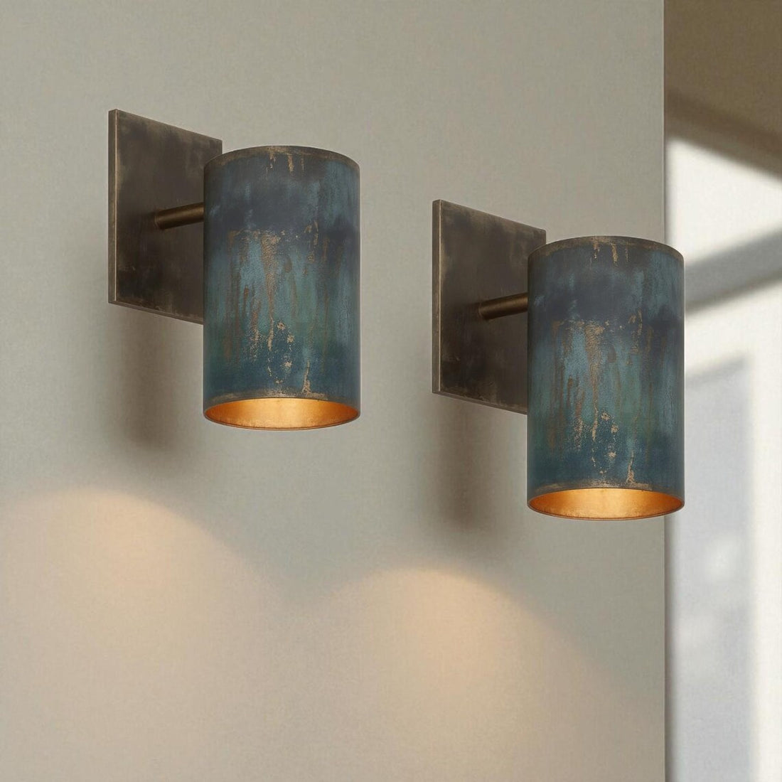 Handmade rustic patina copper wall sconce – industrial minimalist cylinder light for indoor outdoor architectural wall lighting