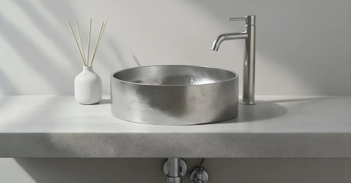 Hand-Hammered Stainless Steel Vessel Sink - Modern Industrial Bathroom Basin