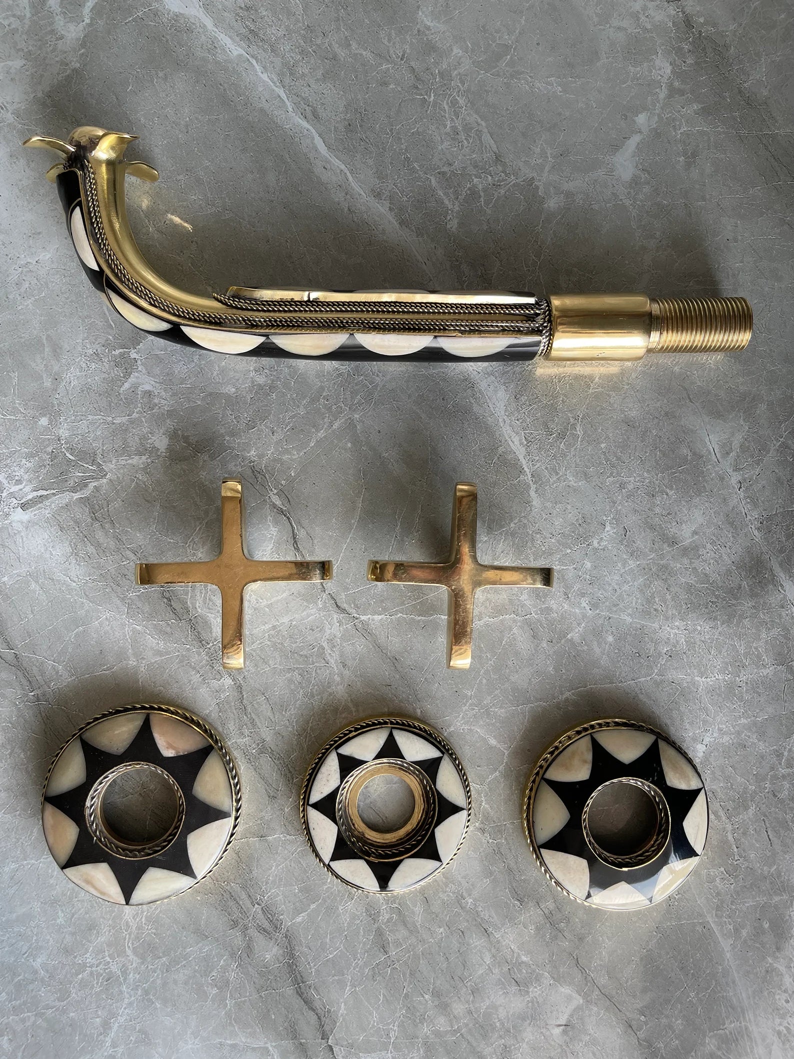 Unlacquered Brass Wall Mounted Bathroom Faucet - Resin & Bone Cross Handle Tap