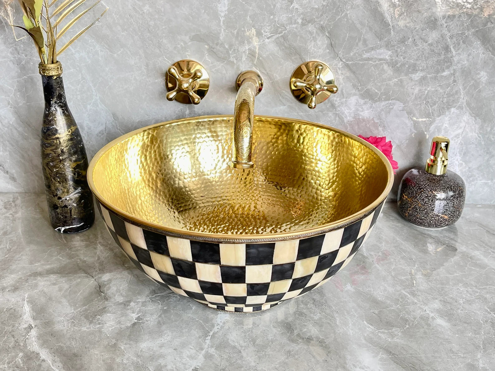 Engraved Unlacquered Brass Wall Mount Faucet - Cross Handle Set