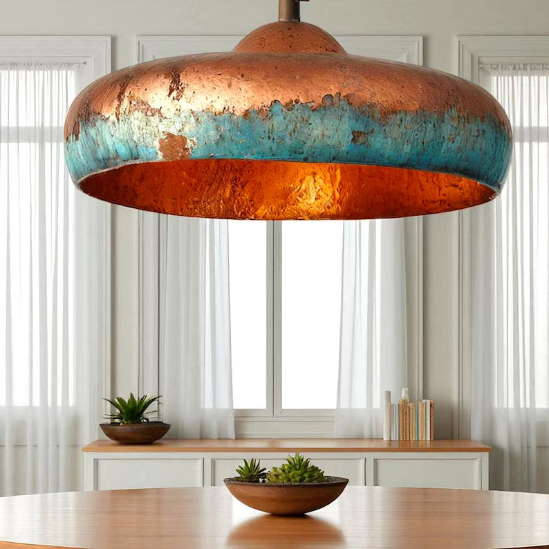 Handmade Blue Patina Copper Dome Pendant Light - Rustic Chandelier