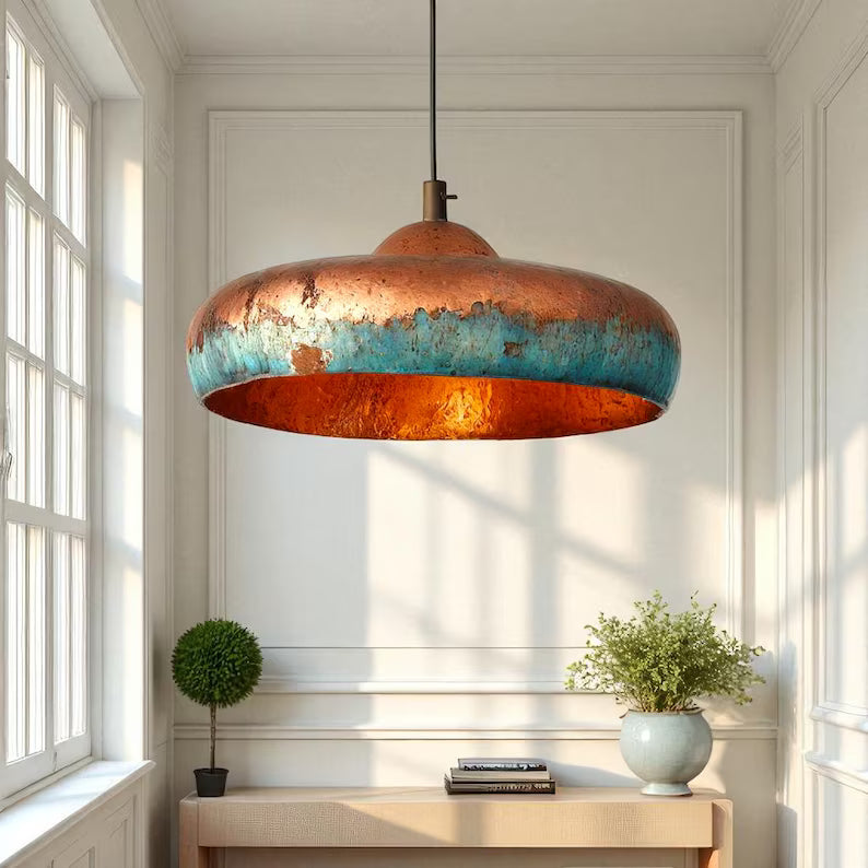 Handmade Blue Patina Copper Dome Pendant Light - Rustic Chandelier