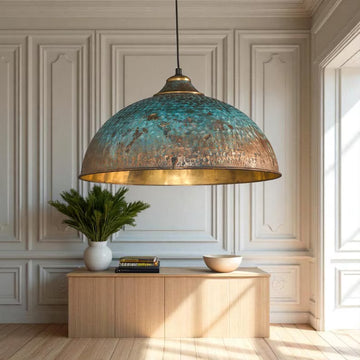 Rustic Patina Dome Pendant Light: Industrial Brass Hanging Lamp