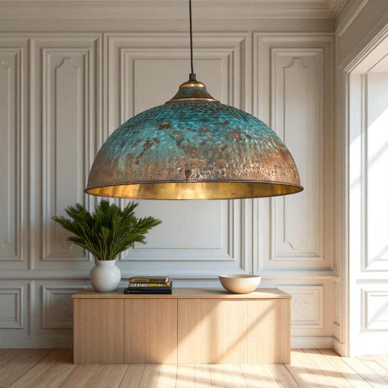 Rustic Patina Dome Pendant Light: Industrial Brass Hanging Lamp