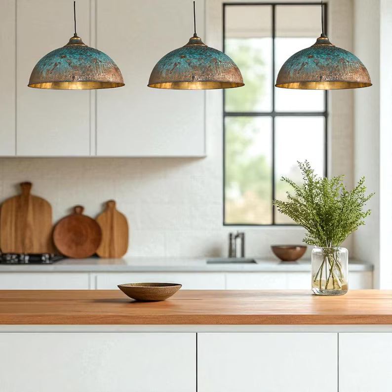 Rustic Patina Dome Pendant Light: Industrial Brass Hanging Lamp