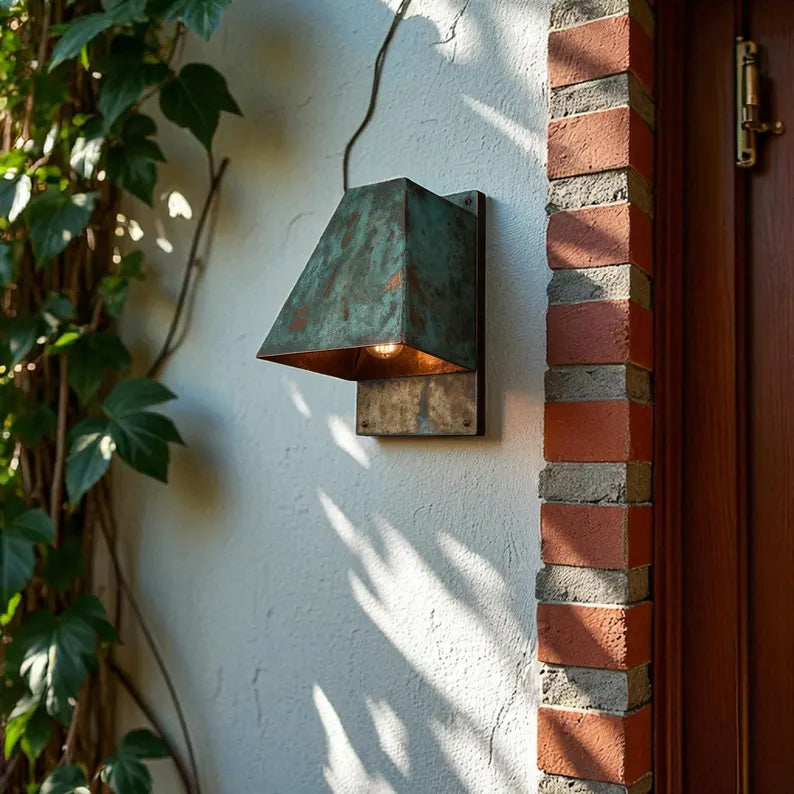Handmade Oxidized Copper Wall Sconce: Rustic Blue-Green Patina Light