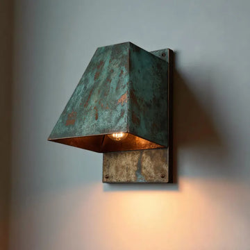 Handmade Oxidized Copper Wall Sconce: Rustic Blue-Green Patina Light