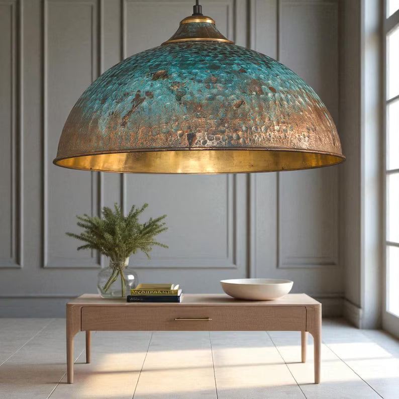 Rustic Patina Dome Pendant Light: Industrial Brass Hanging Lamp