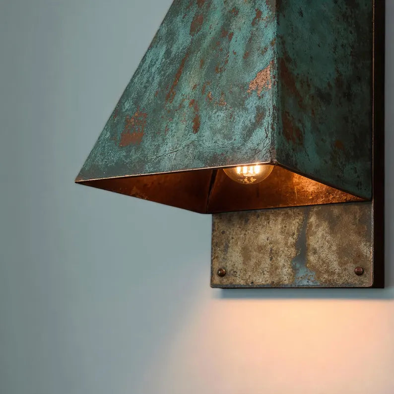 Handmade Oxidized Copper Wall Sconce: Rustic Blue-Green Patina Light