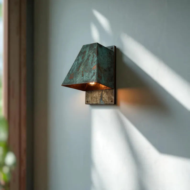 Handmade Oxidized Copper Wall Sconce: Rustic Blue-Green Patina Light