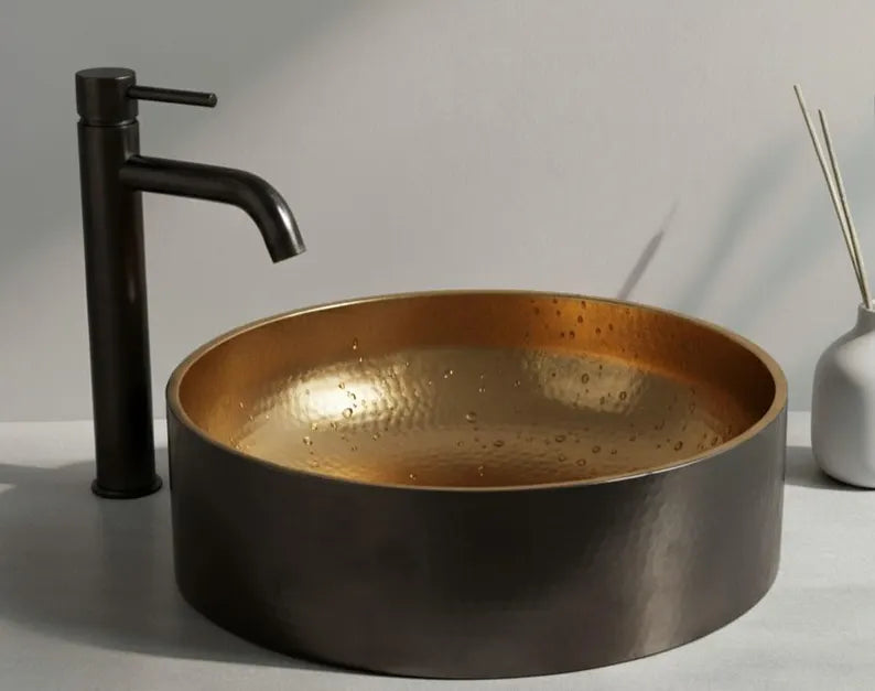 Black Patina Hammered Copper Vessel Sink with Faucet - Handcrafted Dark Bronze Vanity Basin - Luxury Modern Farmhouse Washbasin