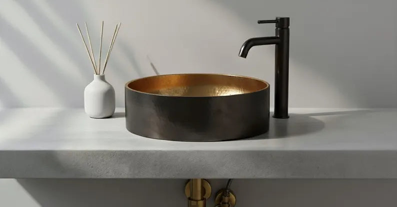 Black Patina Hammered Copper Vessel Sink with Faucet - Handcrafted Dark Bronze Vanity Basin - Luxury Modern Farmhouse Washbasin