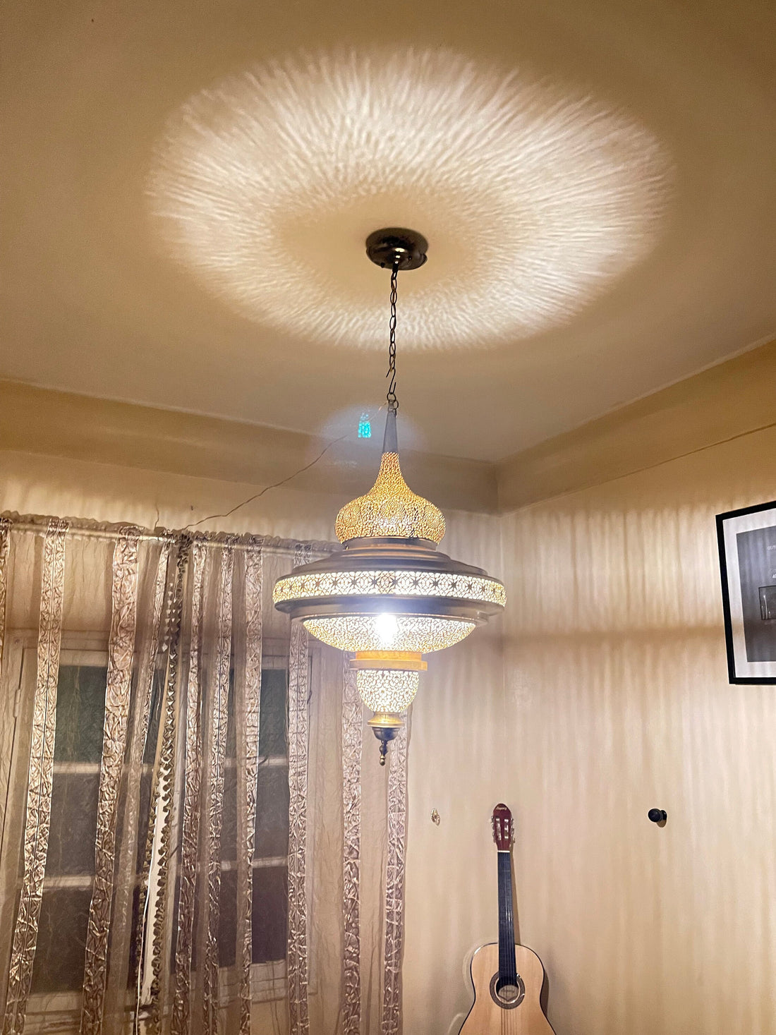 Handcrafted Pierced Brass Pendant Lamp - Unlacquered Ceiling Chandelier