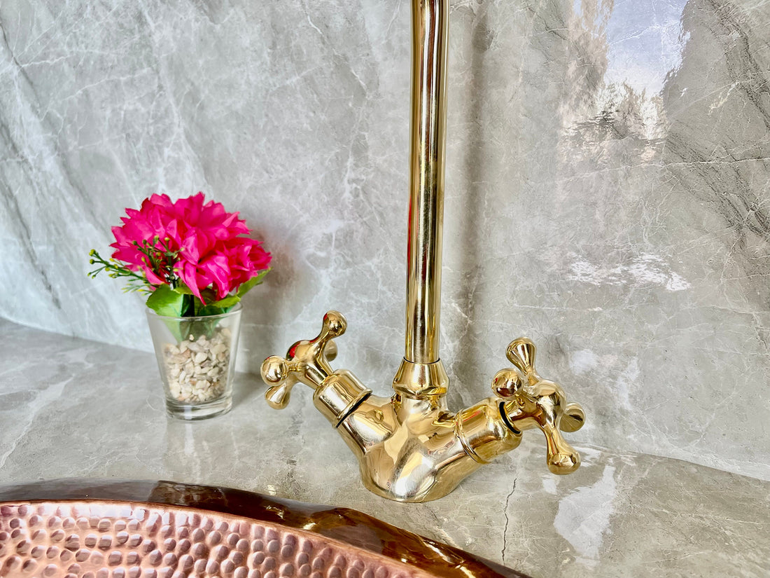 Solid Brass Bathroom Faucet - Gold Cross Handle Single Hole Mixer