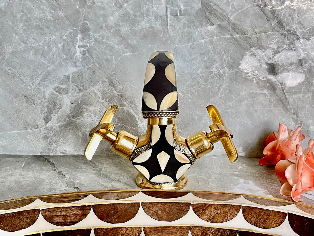 Solid Brass Bathroom Faucet - Black Resin Inlay Double Handle Tap