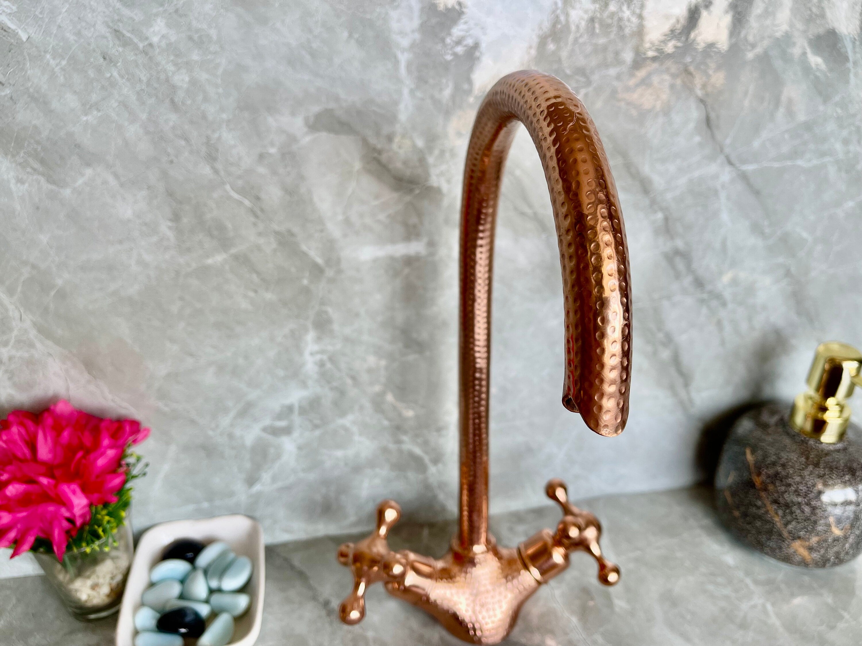 Copper Finish Engraved Bathroom Faucet - Gooseneck Single Hole Tap